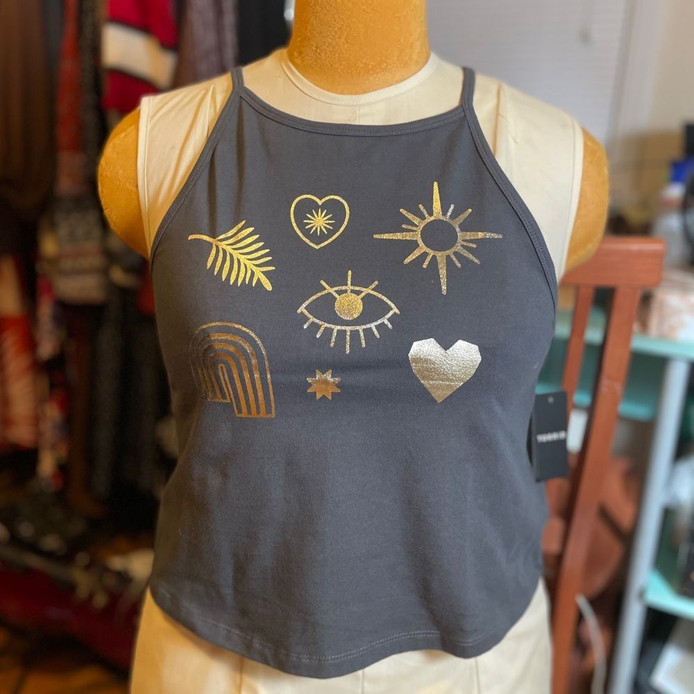 Torrid Vintage Black High Neck Cropped Tank 1x 1 14 crop gold top heart eye New